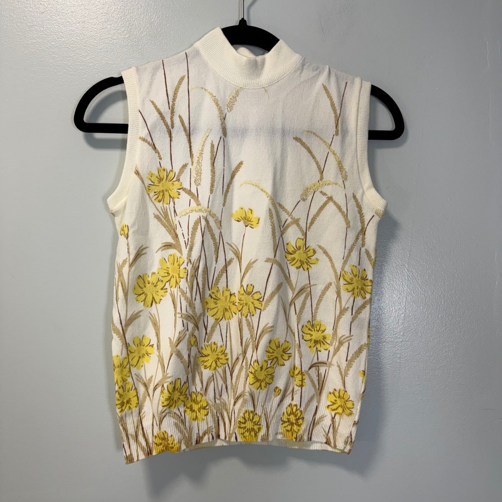 Vintage Penneys Helanca Floral Mock Neck Shell Top White Yellow Cottagecore Boho